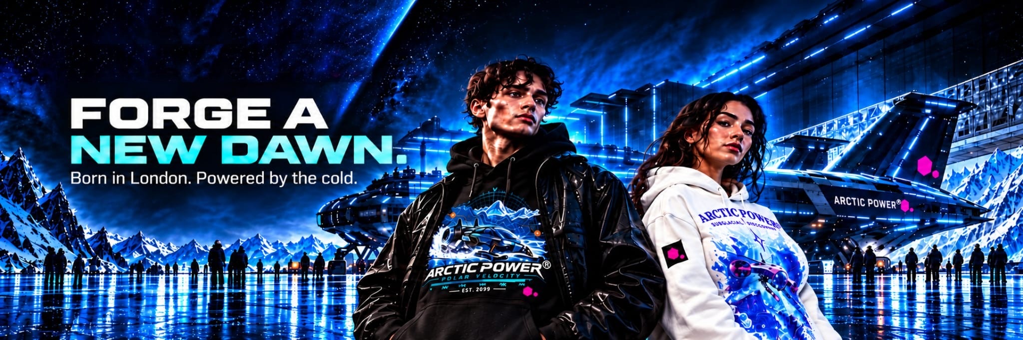 Two models in Arctic Power hoodies, one black and one off-white, at an icy spaceport at night
