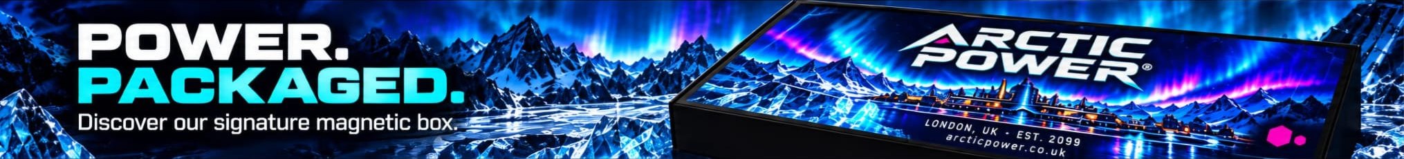 The Arctic Power signature magnetic box, printed with an aurora over a frozen city